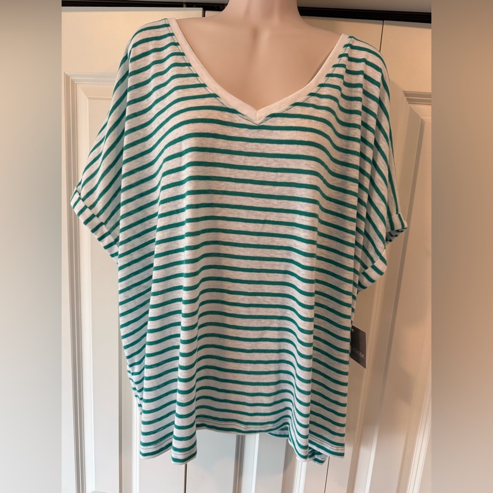 Falls Creek green stripe v neck top shirt tee 3X new